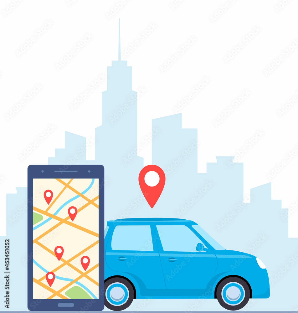 Poster smartphone with route and points location on city map on the urban landscape background. online car 