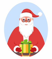 Cute Santa Claus character with gift in his hands. Santa smiling and show huge gift box. Merry Christmas and Happy New Year. Christmas card vector illustration.
