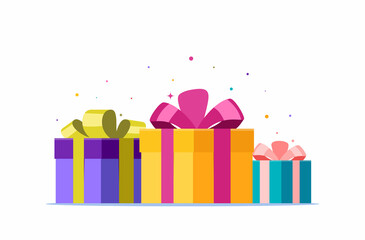 Big pile of colorful wrapped gift boxes. Flat style vector concept holiday illustration Isolated on white background.