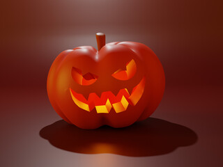 Halloween pumpkin with an angry face face on a dark 3 d cartoon illustration.