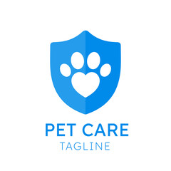 Pet Care Logo Vector Template. Heart shape paw with shield protection care design. This design can be used in pet rescue, pet clinic and veterinary.