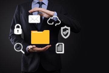 Document Management System DMS .Businessman hold folder and document icon.Software for archiving, searching and managing corporate files and information.Internet Technology Concept.Digital security