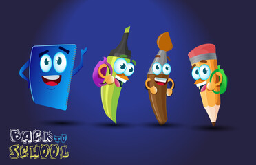 funny school supply cartoon character back to school design concept 