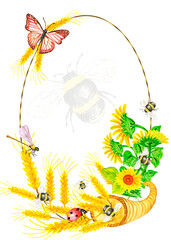 The composition of autumn leaves Fall frame,Watercolor autumn ,Insects,Gold frames sunflower.Post card of autumn season Insects and a sunflower are a sunny flower.Ladybug, dragonfly, butterfly.