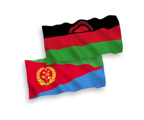 National vector fabric wave flags of Eritrea and Malawi isolated on white background. 1 to 2 proportion.
