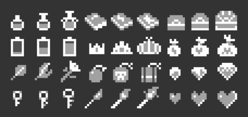 Pixel art vector game item icon set
