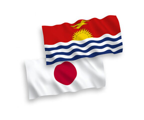 National vector fabric wave flags of Japan and Republic of Kiribati isolated on white background. 1 to 2 proportion.