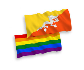 National vector fabric wave flags of Kingdom of Bhutan and Rainbow gay pride isolated on white background. 1 to 2 proportion.