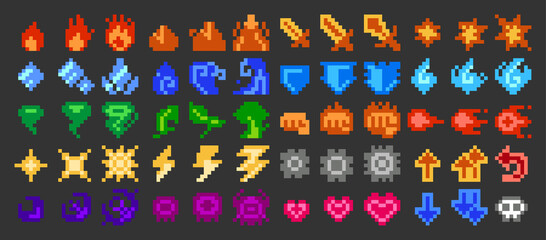 Pixel art vector game elemen and skill icon set (8bit-color) © 23Rovelt