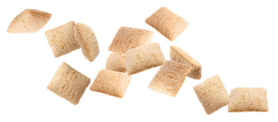 Sweet crispy corn pads flying on white background. Banner design