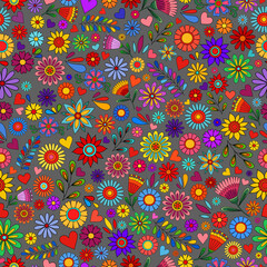 Flower pattern. Doodle flowers on dark backdrop. Colorful flower Day of the dead background. Floral ornament. Dia de los muertos print. Color botanical elements on grey.