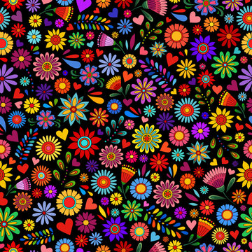 Flower pattern. Doodle flowers on dark backdrop. Colorful flower Day of the dead background. Floral ornament. Dia de los muertos print. Color botanical elements on black.