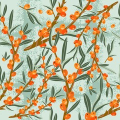 Fototapeta na wymiar Vector seamless pattern of sea buckthorn tree branches. Ripe orange berries, sea buckthorn fruits. Design for printing on textiles, packaging, paper, wallpaper.