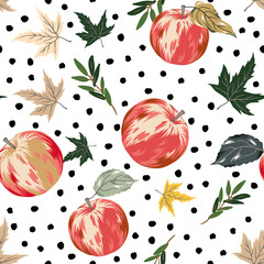 Autumn apples, maple leaves, polka dots, white background. Vector seamless pattern. Fall season illustration. October harvest. Garden fruits. Nature design