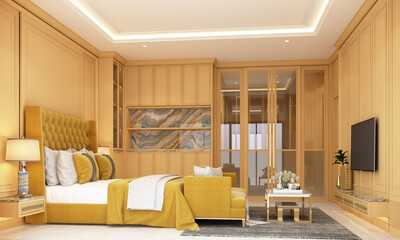 interior design modern classic style of bedroom with color marble and gold steel texture and yellow furniture and wall set 3d rendering interior