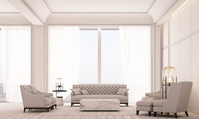 Modern classic White living and dining space with wall panels decoratel and wooden floor and big window with sheer curtain 3d rendering