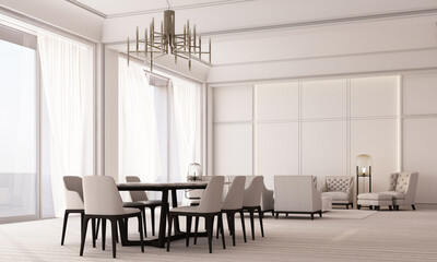 Modern classic White living and dining space with wall panels decoratel and wooden floor and big window with sheer curtain 3d rendering