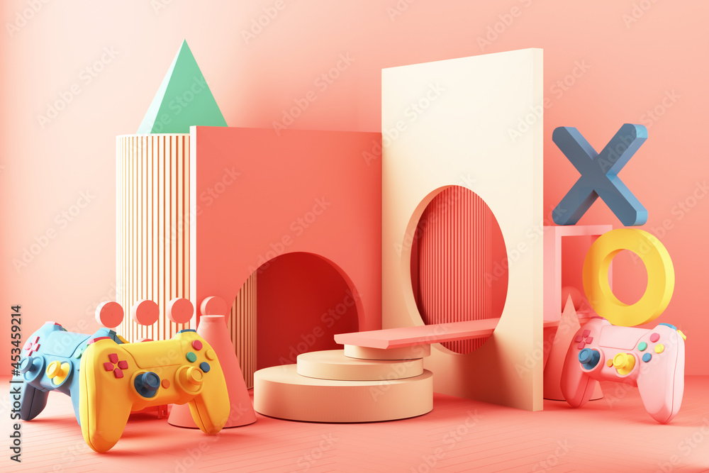 Poster gaming concept. gamepad and vr with video game console and minimal trendy design colorful pastel. 3d