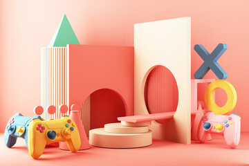 Gaming concept. gamepad and VR with video game console and minimal trendy design colorful pastel.  3d rendering