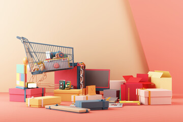 Gaming concept shopping. gamepad and cell phone with speaker phone video game console VR computer case and screen with minimal trendy design colorful pastel.  3d rendering