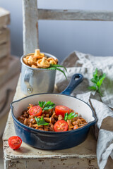 Delicious fried noble mushrooms made of chanterelles.