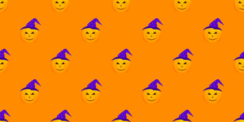 Halloween pumpkin seamless pattern. Festive pumpkin on orange background. Vector illustration for design, invitation, wrapping paper, banner, advertisement, promotion. Halloween concept.