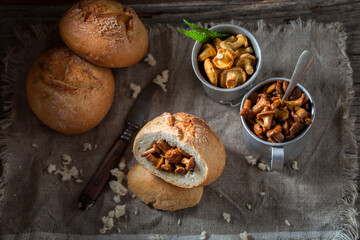 Homemade mushrooms bun made of fried chanterelles