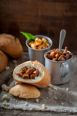 Tasty mushrooms bun made of fried chanterelles
