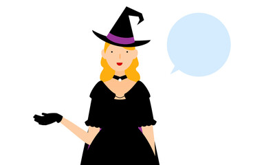 ハロウィンの仮装、魔女姿の女性が右手を出して話しているポーズ（吹き出しつき）