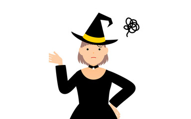 ハロウィンの仮装、魔女姿の女の子が腰に手を当てて困っているポーズ