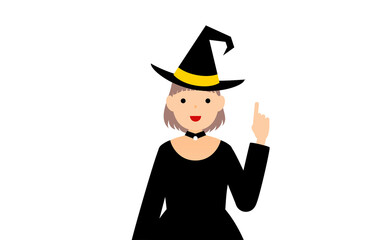 ハロウィンの仮装、魔女姿の女の子が指さしをするポーズ