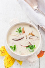 Homemade mushroom soup with noble mushrooms. Creamy mushroom soup.