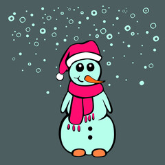 a snowman in a hat and a scarf smiling against a white background, vector 