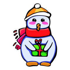 cute snowman with a hat and scarf holds a New Year's (Christmas) gift , Vector