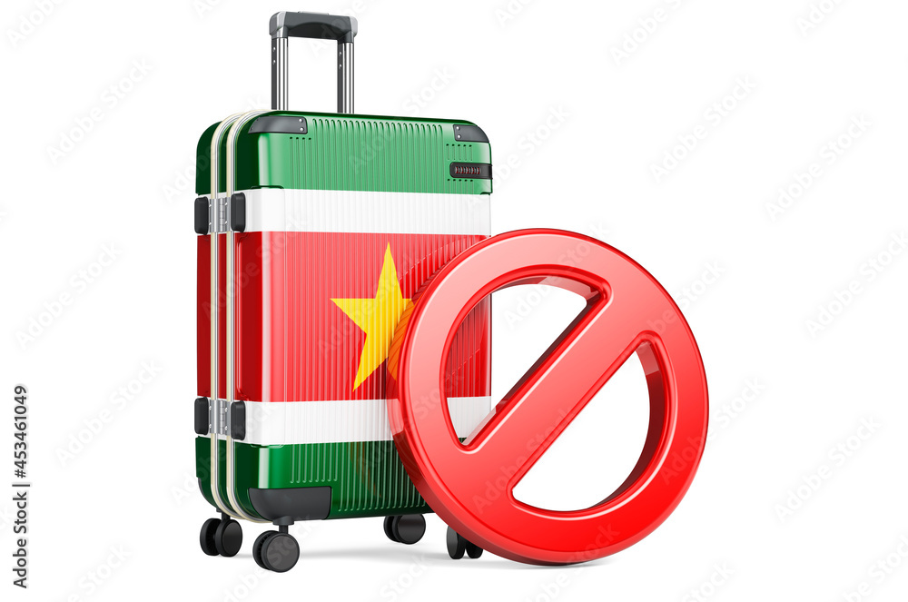 Poster suriname entry ban. suitcase with surinamese flag and prohibition sign. 3d rendering