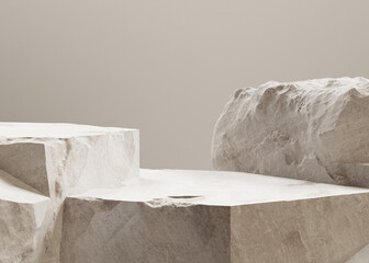 Beige pieces of stone wall. Stone slabs for product display background. 3d rendering
