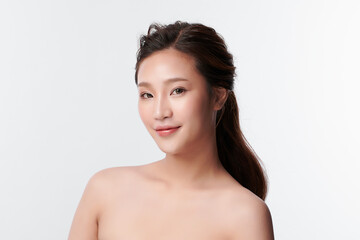 Fototapeta premium Beautiful young asian woman with clean fresh skin on white background, Face care, Facial treatment, Cosmetology, beauty and spa, Asian women portrait.