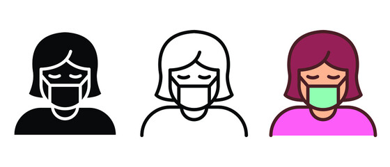 Wear face protection mask if you are sick or caring for someone who is sick. Woman in medical face protection mask icon. Vector illustration. Design on white background.EPS 10.