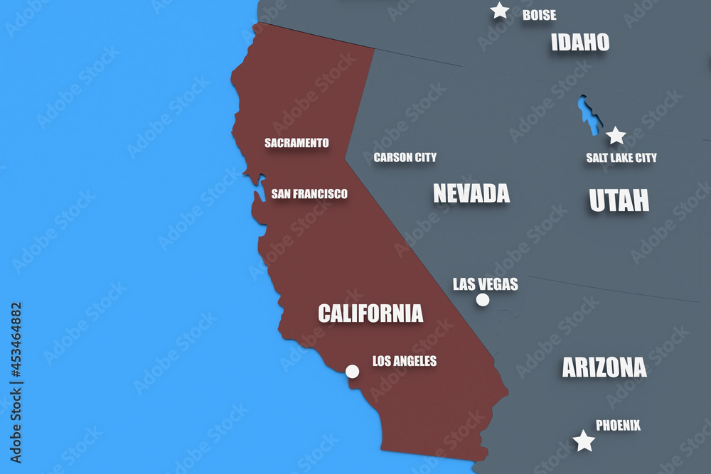 Poster 3d rendering of a map of california with states names
