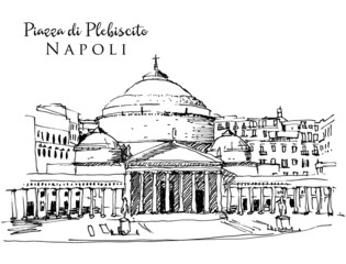 Drawing sketch illustration of Piazza di Plebiscito in Naples, Italy - obrazy, fototapety, plakaty