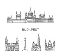 Naklejka premium Budapest, Hungary, architecture line skyline illustration. famous landmarks
