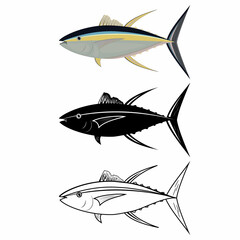 Fototapeta premium tuna fish in color, outline and stencil, color vector illustration
