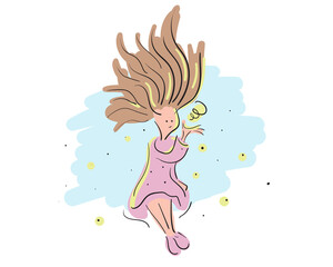 Hand drawn magic girl. Funny cartoon art for baby or kid clothe print or poster design. Vector illustration.