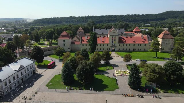Drone view of a typical palace in the center of a European town.