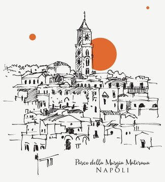 Drawing sketch illustration of Parco della Murgia Materana in Matera, Italy