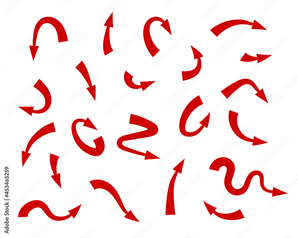 Poster red arrow icon indicating different direction. a set icons isolated on a white background for websit