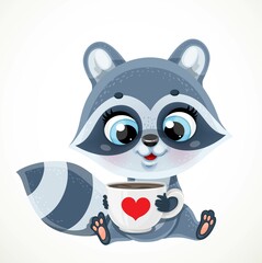 Cute cartoon baby raccoon with big white cap of tea or coffee sit on a white background