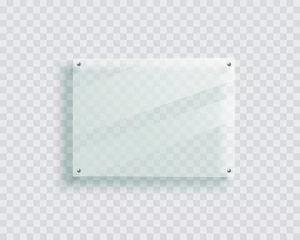 Fotobehang Acrylic signage board on the wall. Isolated 3d plastic plate, realistic photo or poster mockup, glass display banner with shadow. © viktoria_ngm