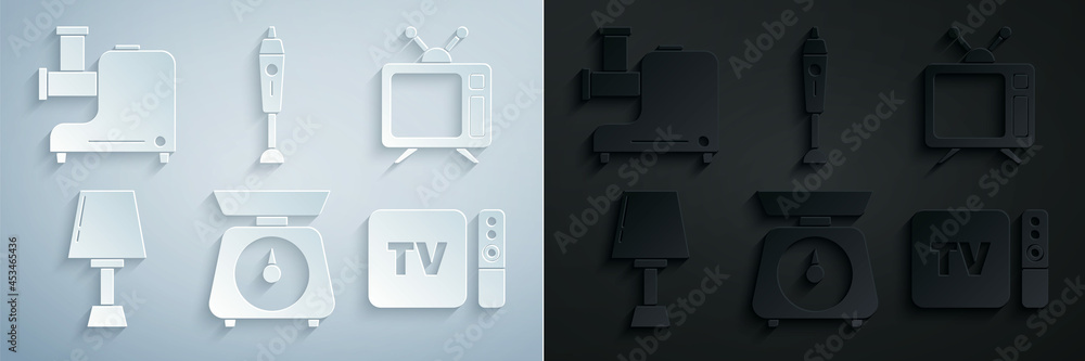 Poster set scales, television, table lamp, tv box receiver and player with remote controller, blender and k