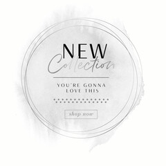 New Collection Sale sign over silver watercolor art design background with silver round frame - Vector. 